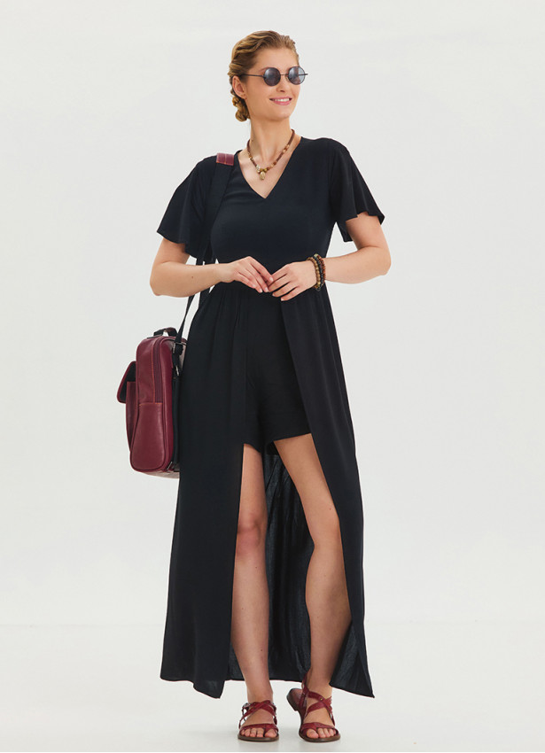 Black Women's Jumpsuit with Flounce Sleeves and Shorts Detail 4490